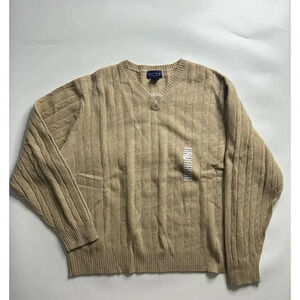 Club Room Sweater Mens 2XL 100% Lambswool Beige V-Neck Cable Knit Pullover